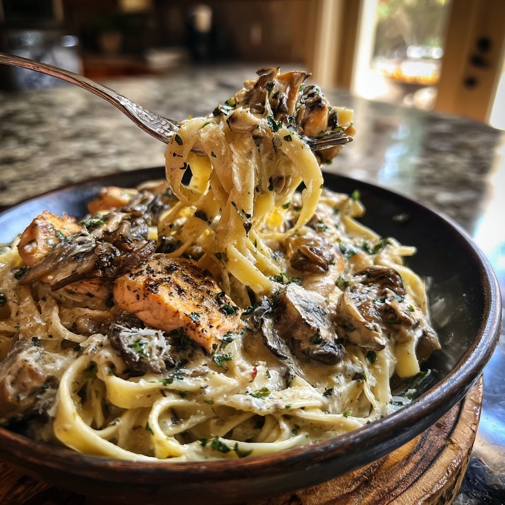 Creamy Mushroom Salmon Tagliatelle